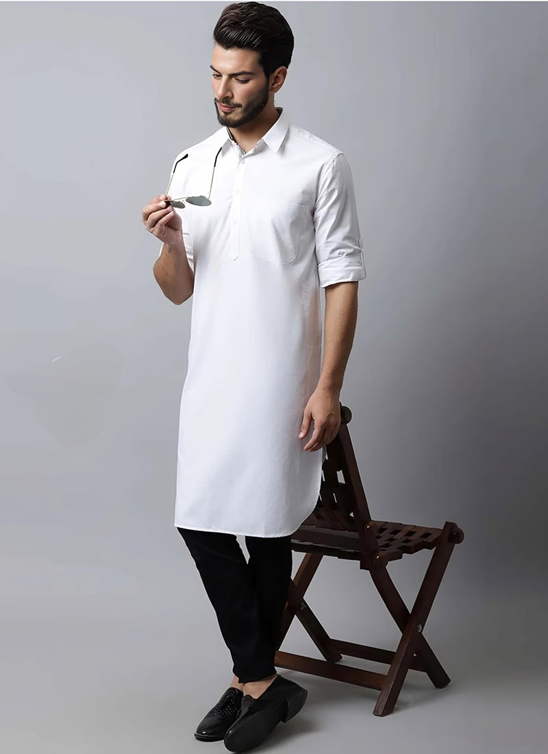 White Cotton Kurta Pyjama Festive Wear
