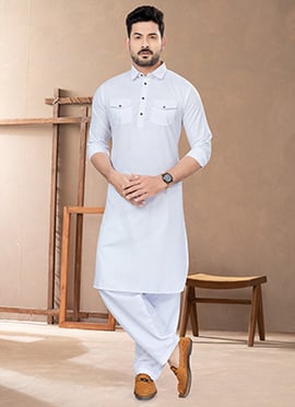 White Cotton Pathani Set For Men