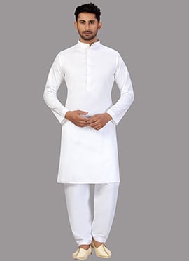 White Cotton Pattern Kurta Pyjama