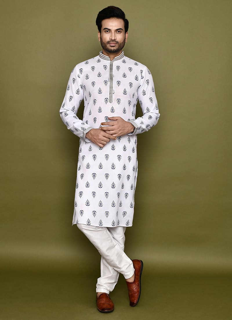 White Cotton Print Printed Kurta Pyjama Festive Wear