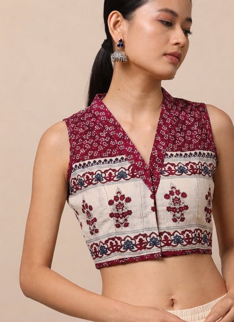 White Cotton Printed Blouse Work Wear