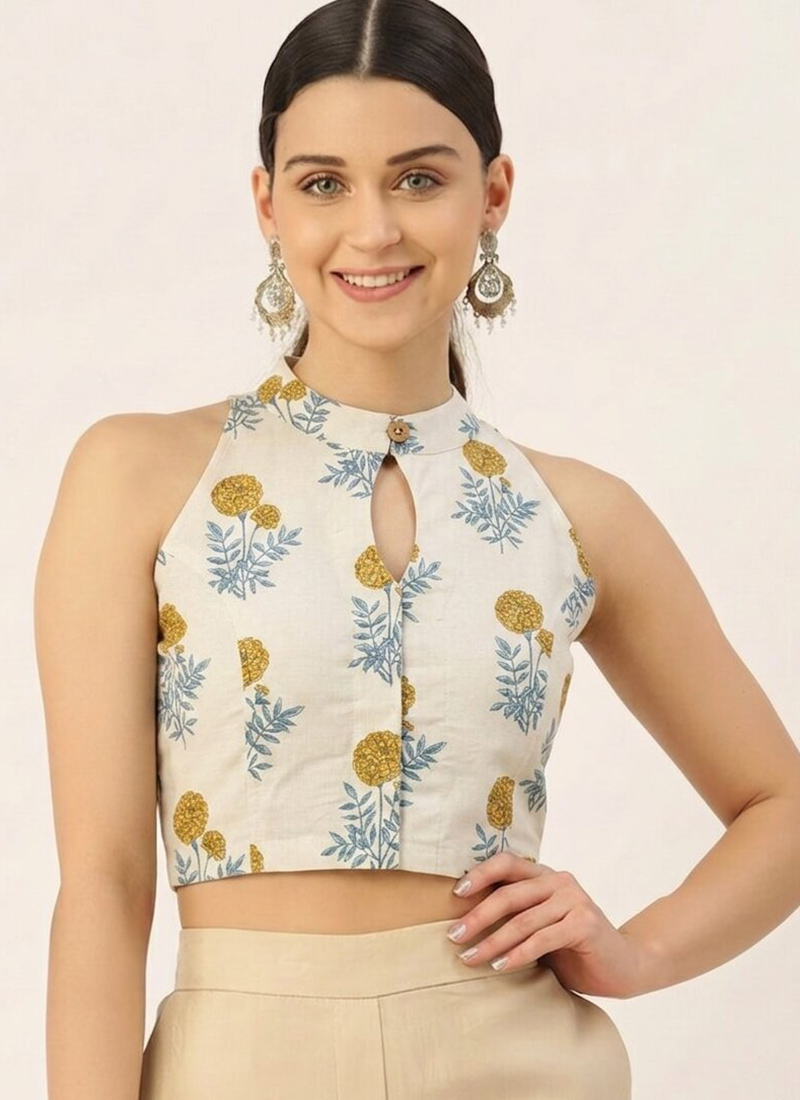 White Cotton Printed Blouse After Six Wear