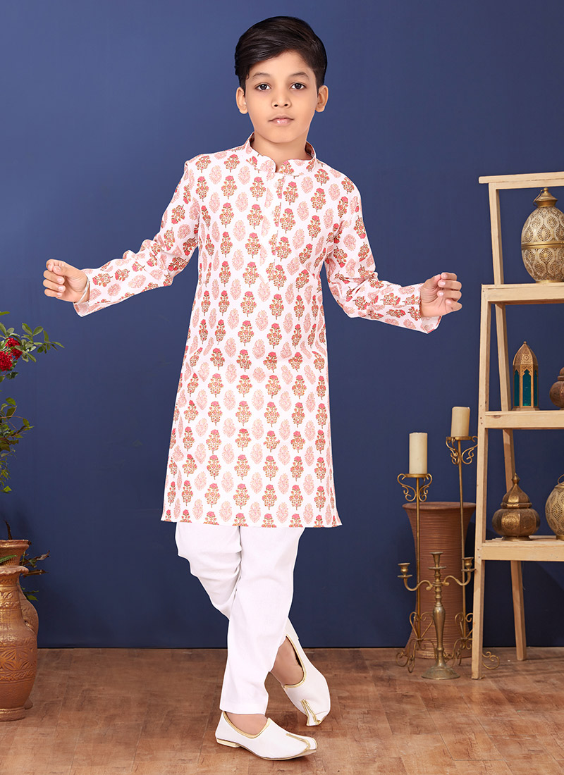 White Cotton Printed Boys Kurta Pyjama