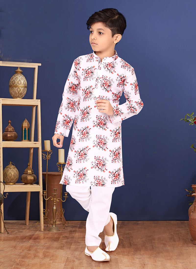 White Cotton Printed Boys Kurta Pyjama
