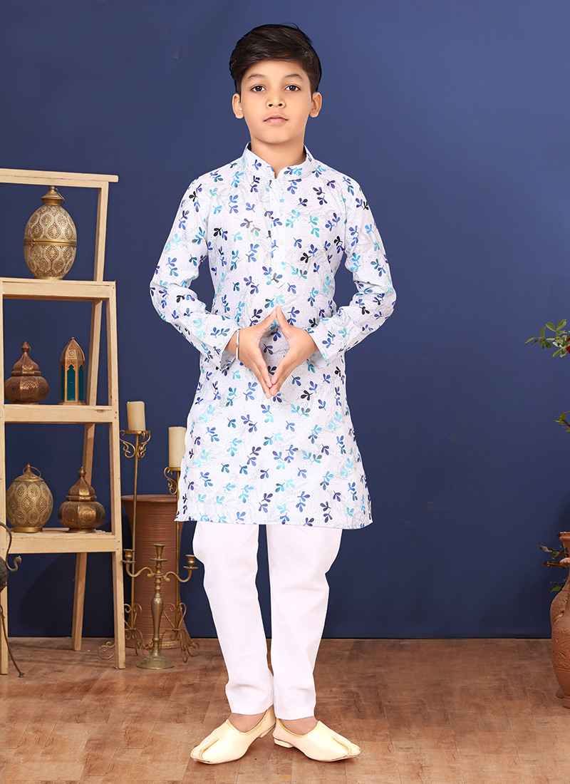 White Cotton Printed Boys Kurta Pyjama