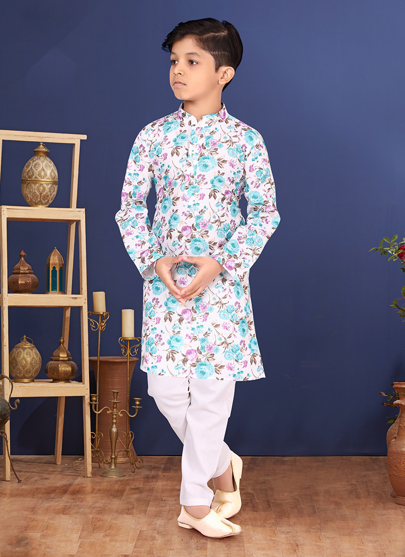 White Cotton Printed Boys Kurta Pyjama