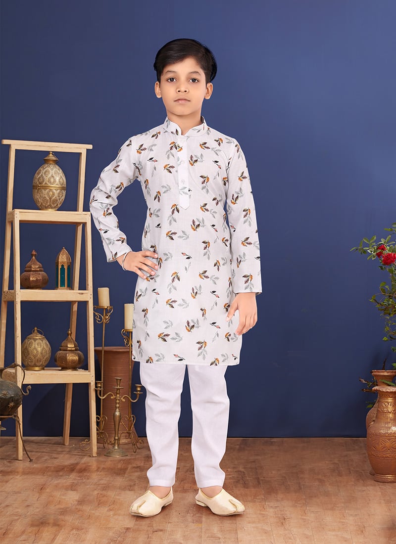 White Cotton Printed Boys Kurta Pyjama