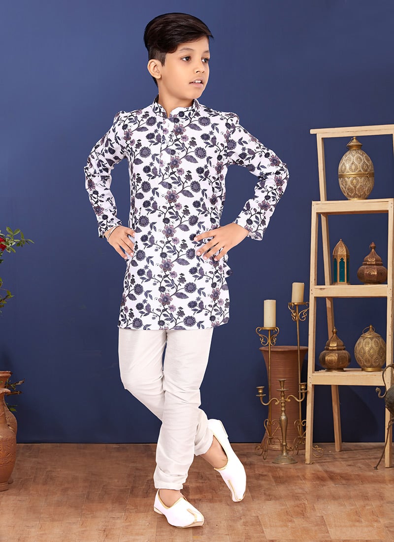 White Cotton Printed Boys Kurta Pyjama