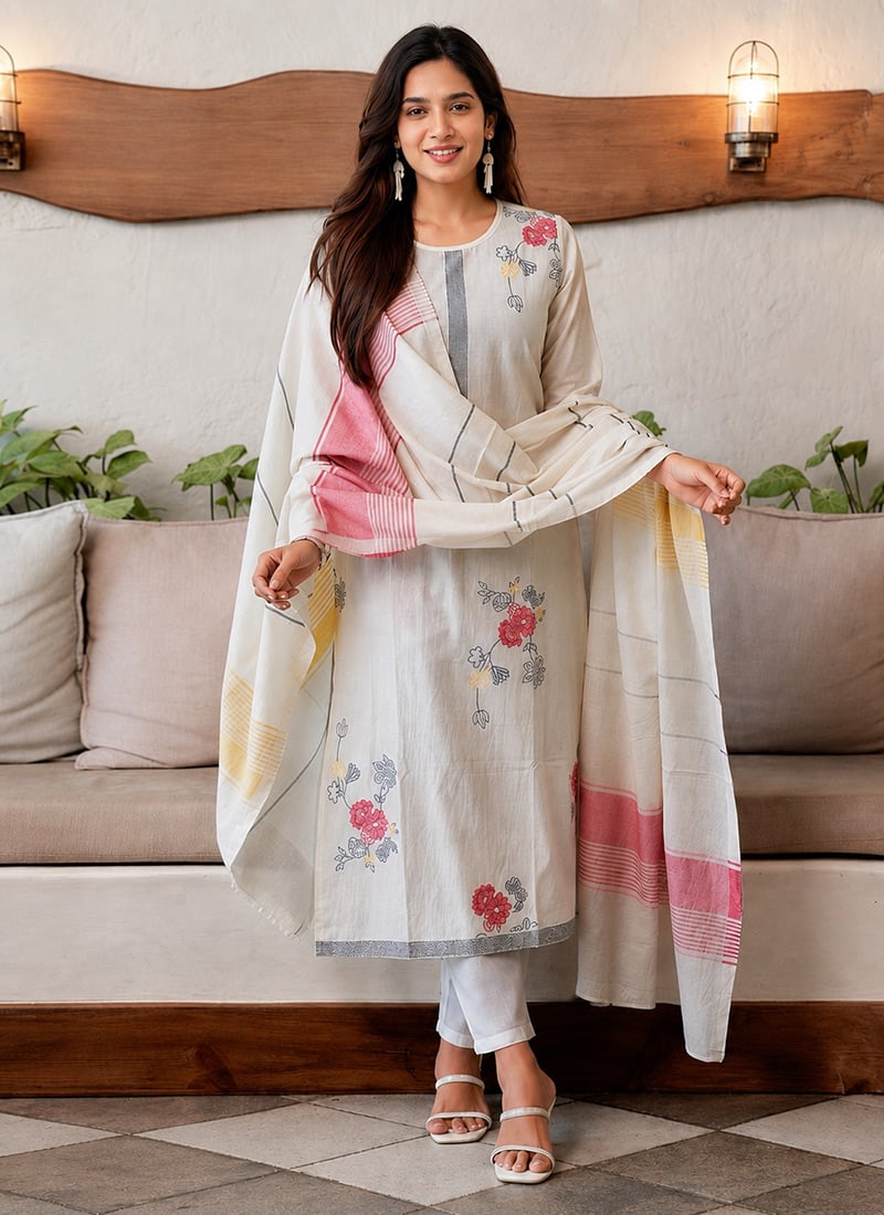 White Cotton Printed Elegant Straight Pant Suit Work Wear