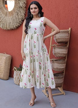 White Cotton Printed Fit And Flare Dress