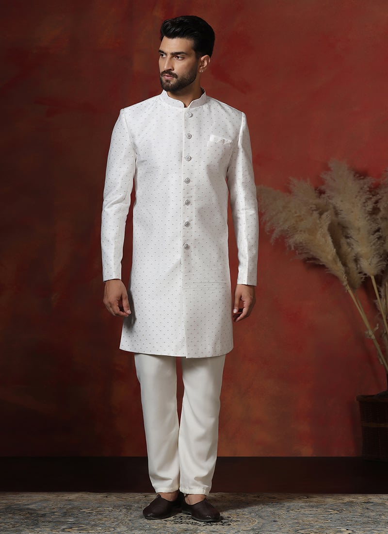 White Cotton Printed Indowestern Sherwani Set Wedding Wear