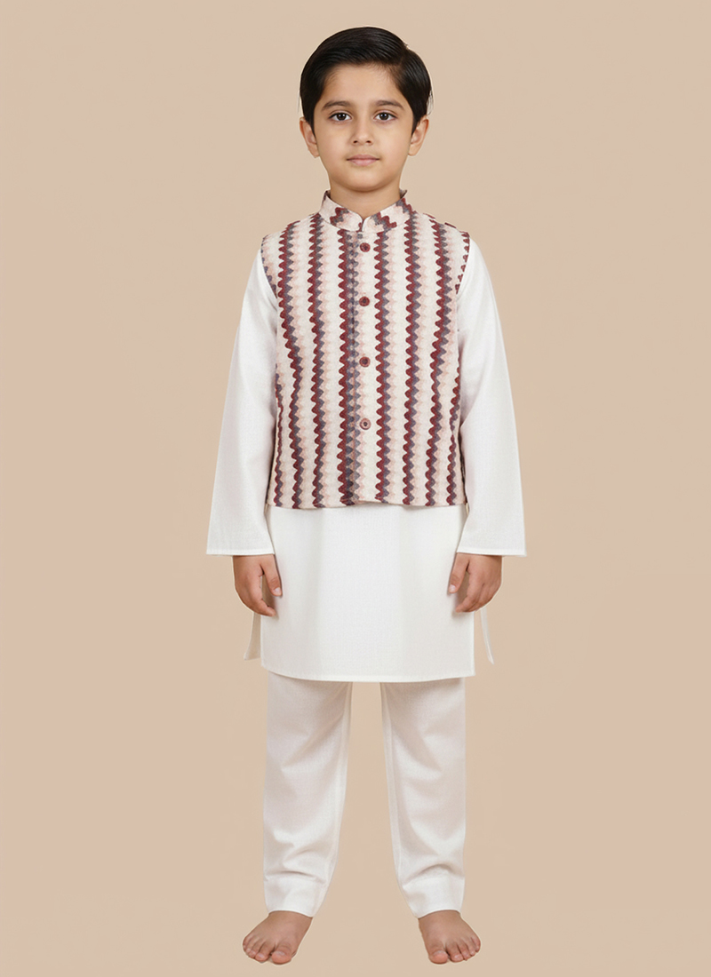 White Cotton Printed Kids Boys Bandi Set Festive Wear
