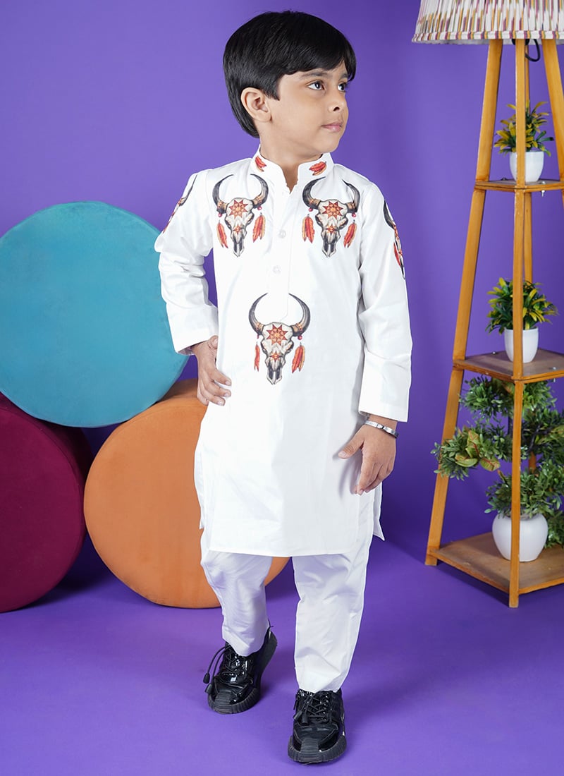White Cotton Printed Kids Boys Kurta Pyjama Festive Wear
