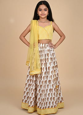 White Cotton Printed Kids Girls A Line Lehenga