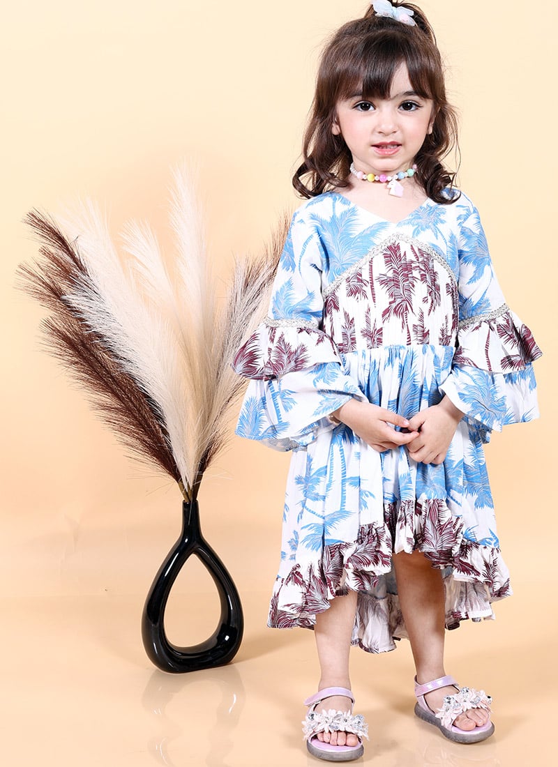 White Cotton Printed Kids Girls Fit And Flare Dress Festive Wear