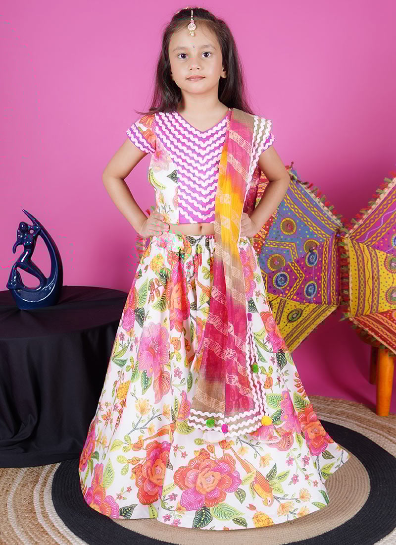 White Cotton Printed Kids Girls Lehenga  Festive Wear