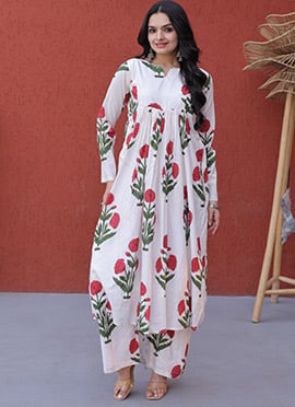 White Cotton Printed Kurta Palazzo Set