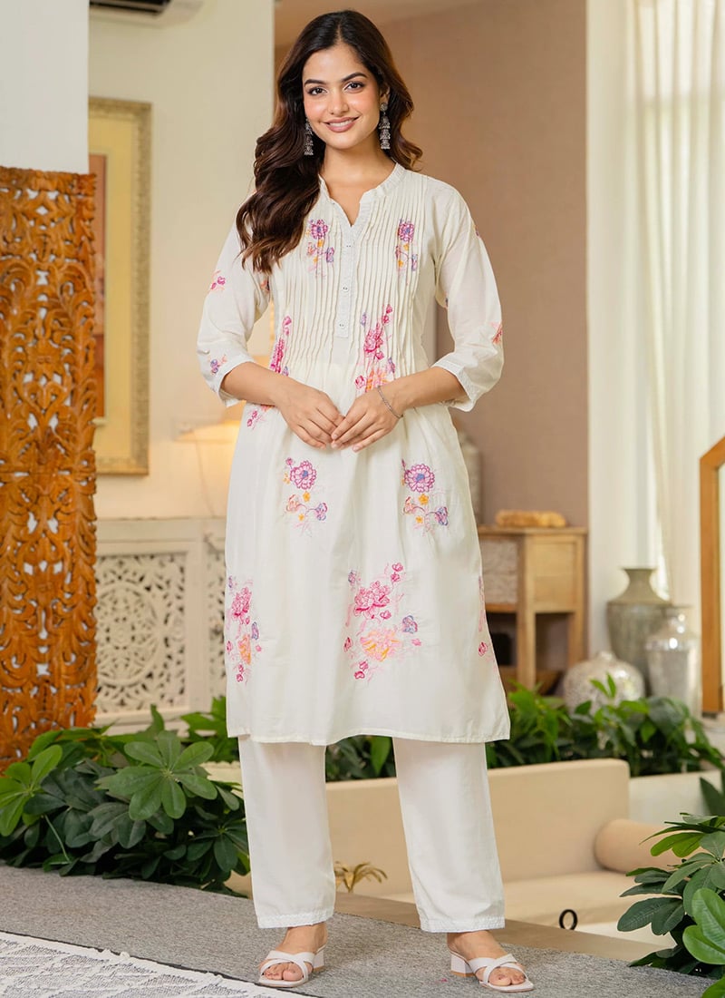 White Cotton Printed Kurta Straight Pant Set After Six Wear