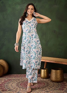 White Cotton Printed Kurta Straight Pant Set