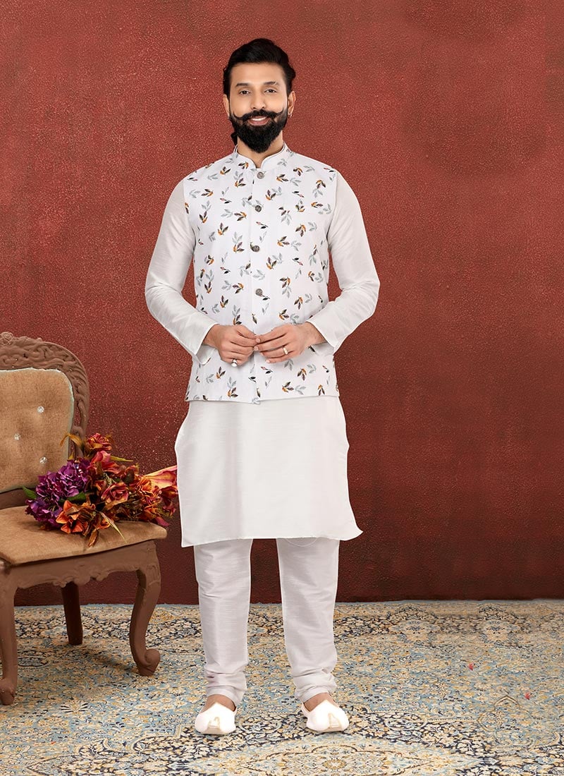 White Cotton Printed Nehru Jacket 
