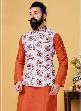 White Cotton Printed Nehru jacket