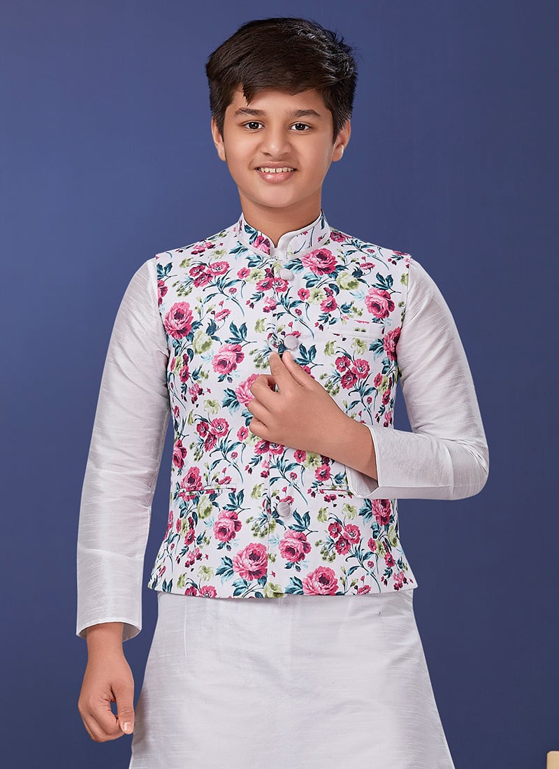 White Cotton Printed Nehru jacket