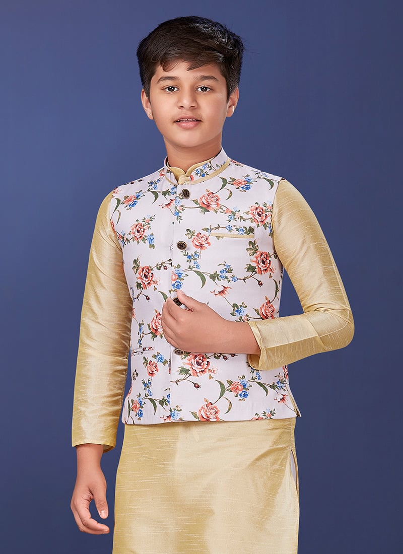 White Cotton Printed Nehru jacket