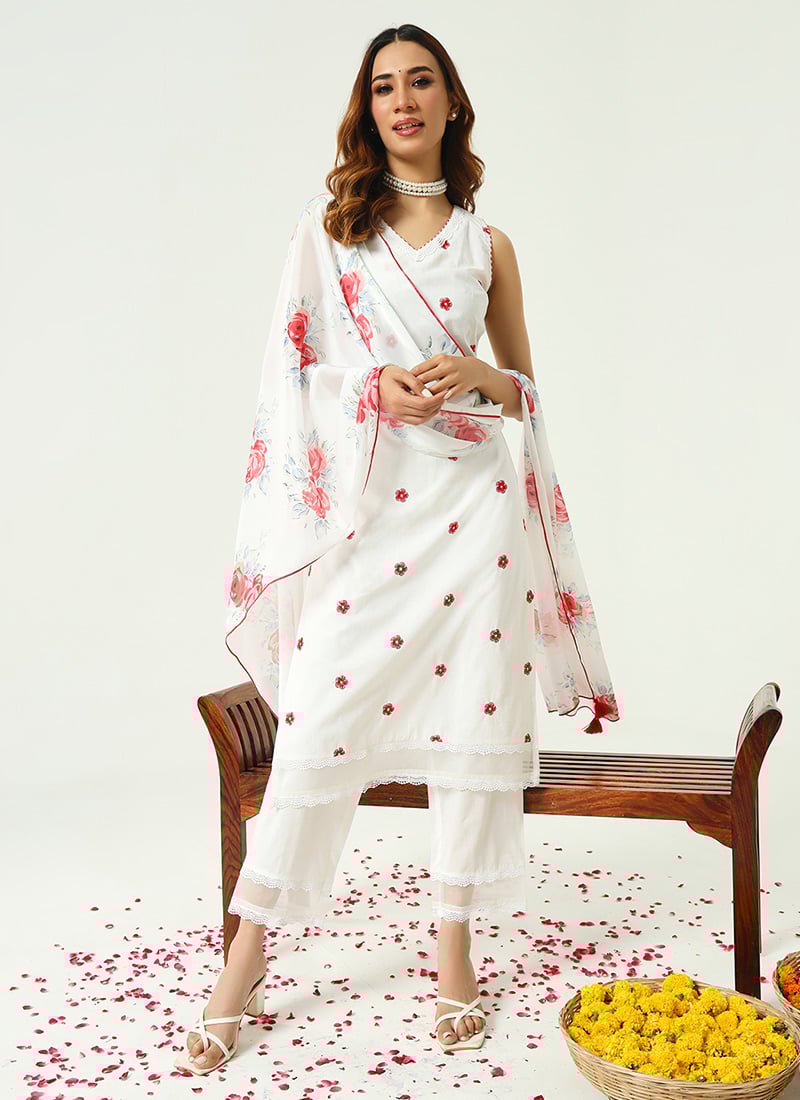 White Cotton Printed Straight Pant Suit Elegant Wear After Six Wear