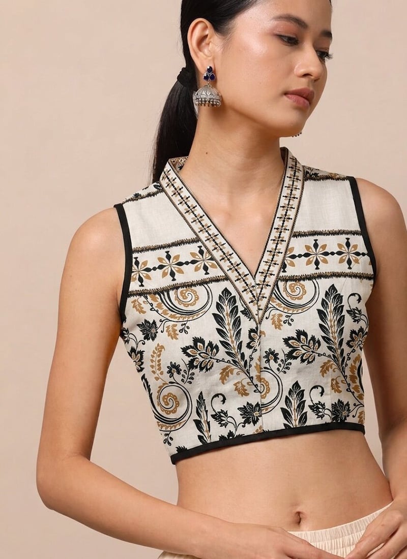 White Cotton Printed Stylish Blouse After Six Wear