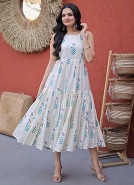 White Cotton Printed Stylish Fit And Flare Dress