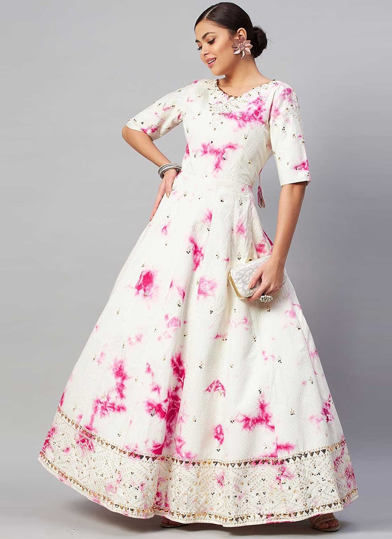 White Cotton Shibori Print For Bhai Duj Special Anarkali Gown With Sequins After Six Wear