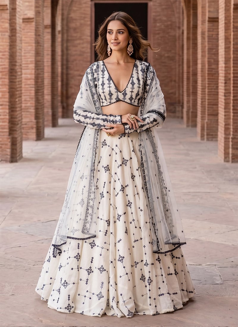 White Cotton Silk Embroidered Sequins Lehenga After Six Wear