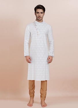 White Cotton Silk Jacquard Kurta Pyjama