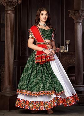 White Cotton Silk Kutch And Mirror Work Bandhini Print Chaniya Choli