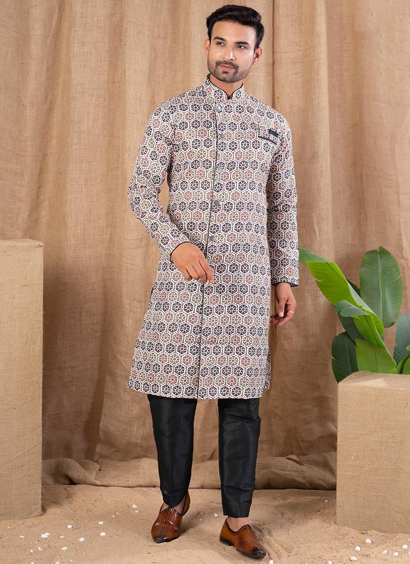 White Cotton Silk Printed Indowestern Sherwani Festive Wear