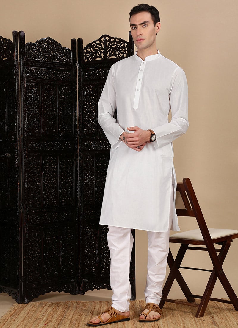 White Cotton Solid Kurta 