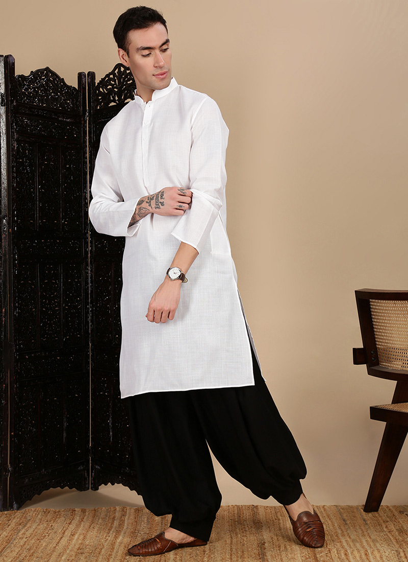 White Cotton Solid Kurta