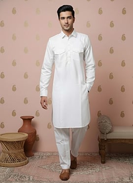 White Cotton Solid Kurta Pyjama