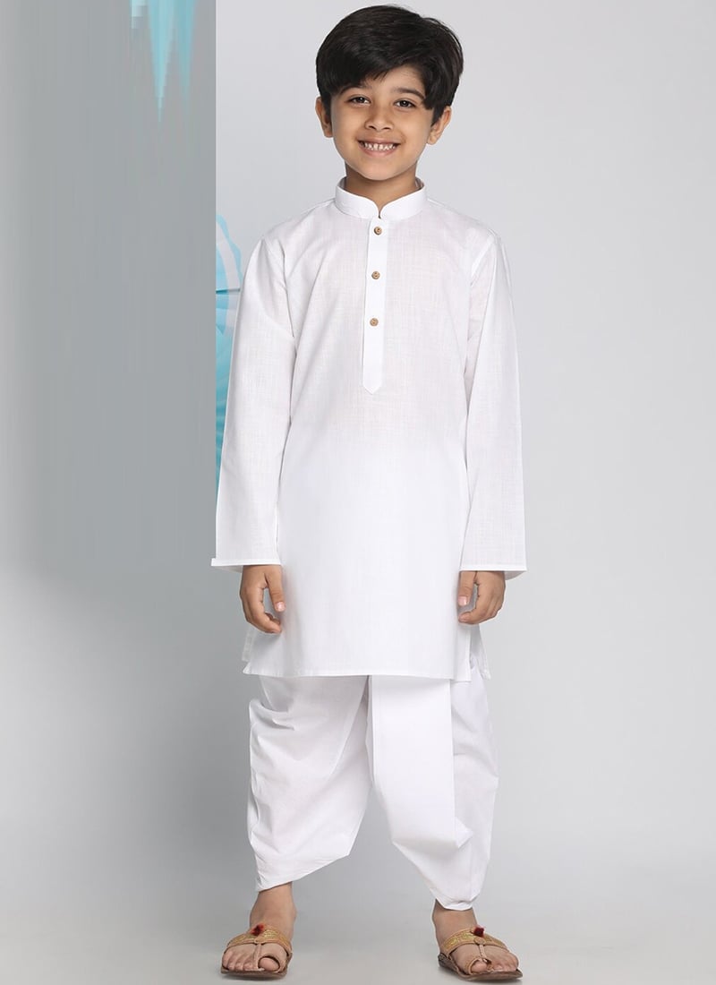 White Cotton Solid Stitched Kurta Pyjama Party Wear