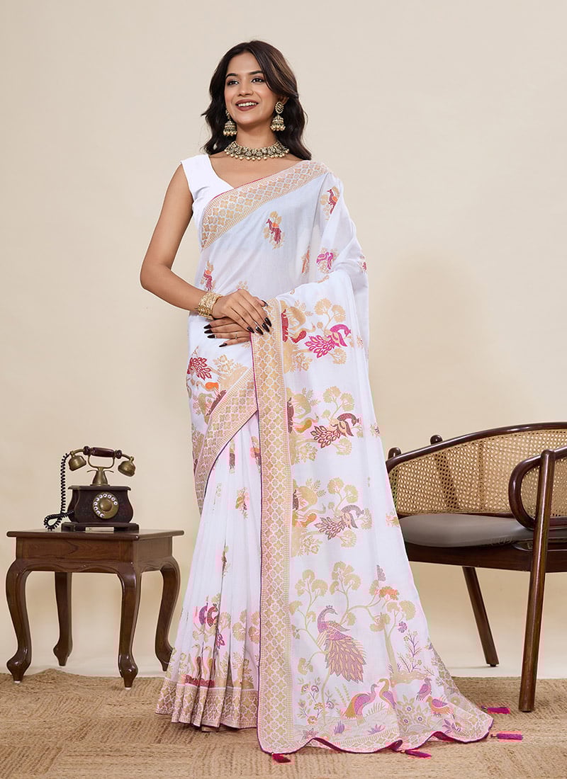 White Cotton Zari And Foil Print Saree Festive Wear
