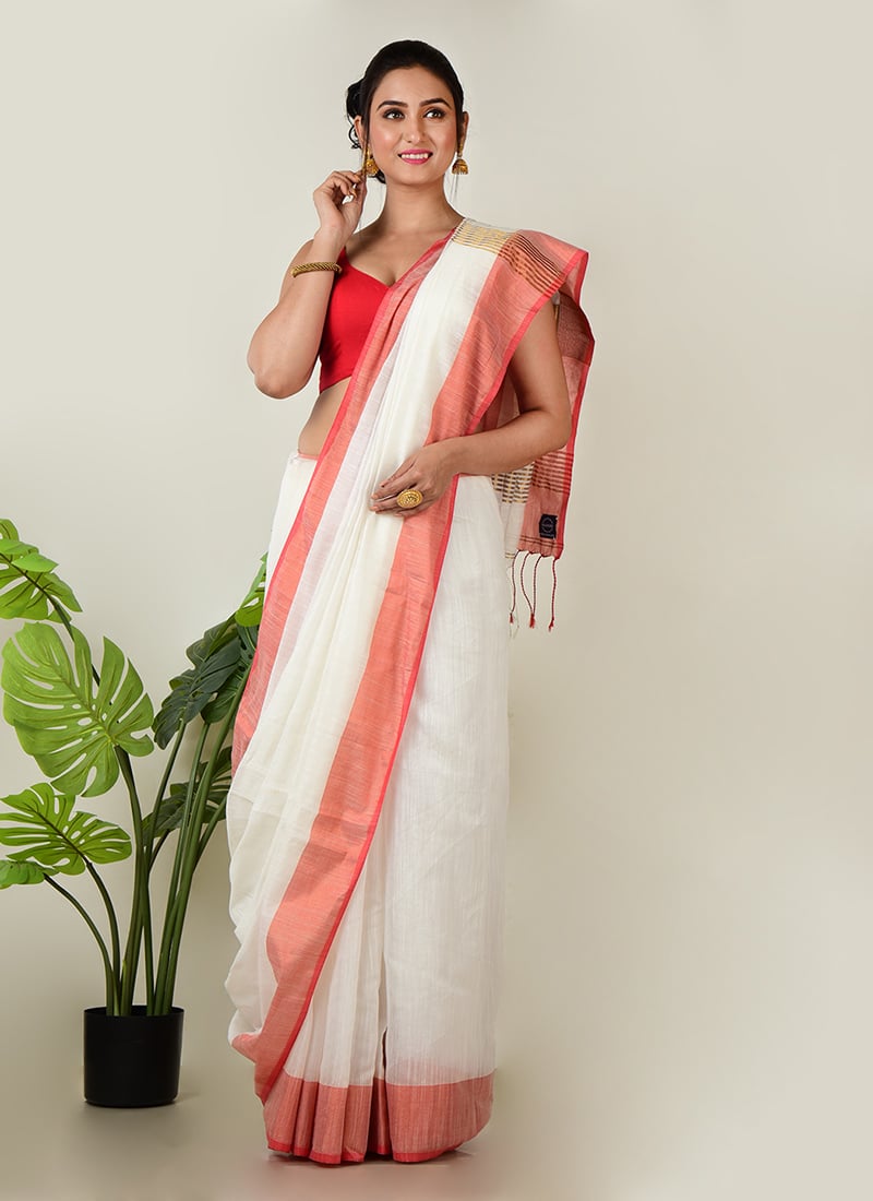 White Cotton Zari Work Saree After Six Wear