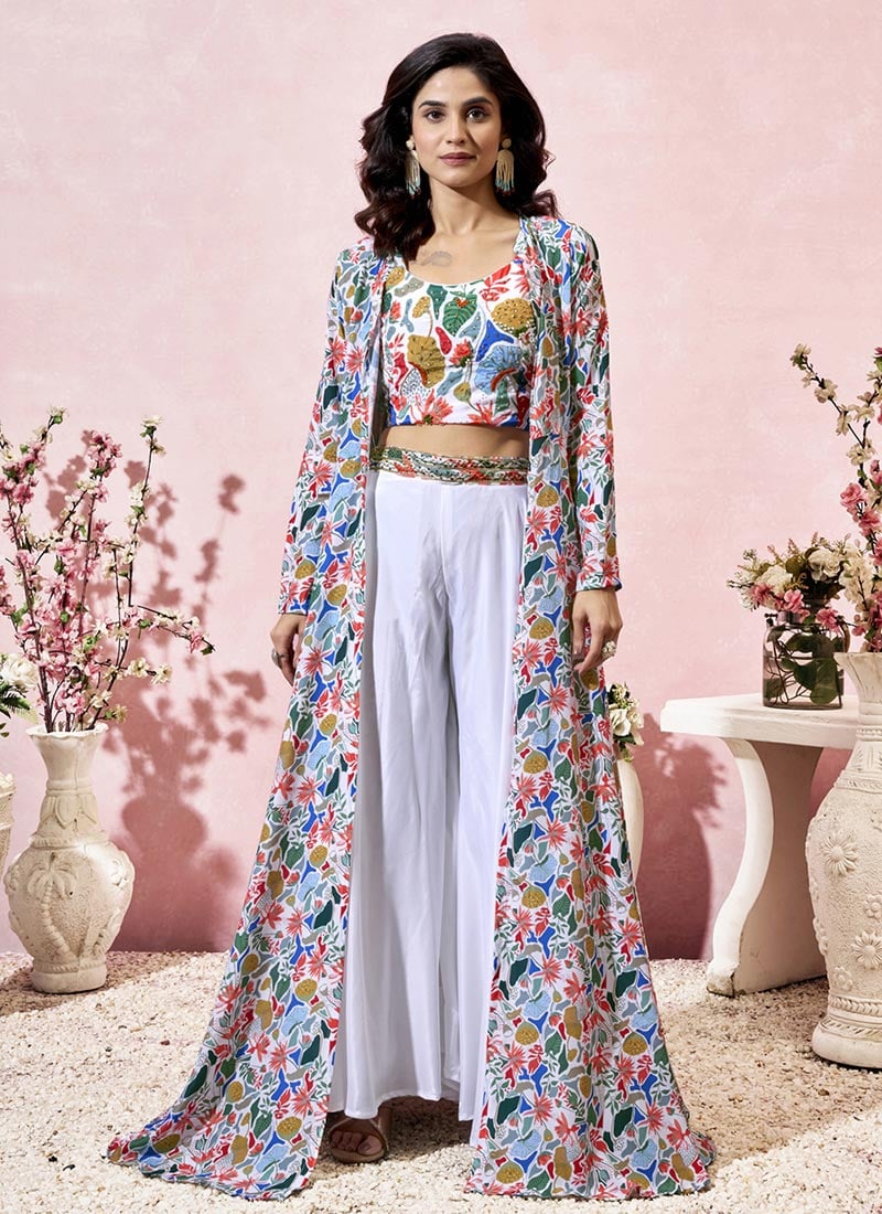 White Crepe Digital Print Beads Indowestern Palazzo Set Wedding Wear