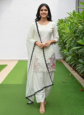 White Crepe Embroidered Thread Palazzo Suit