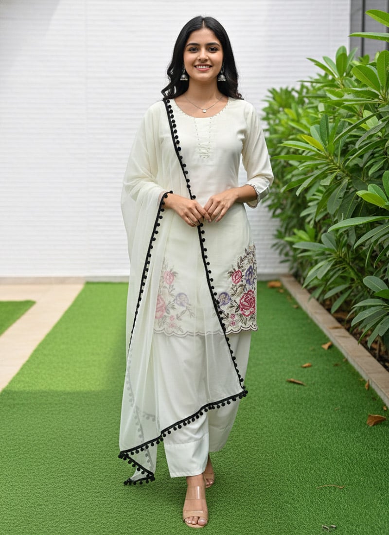 White Crepe Embroidered Thread Palazzo Suit Festive Wear