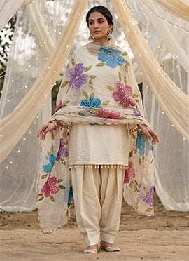 White Crepe Farshi Salwar Suit With Floral Sequins Dupatta