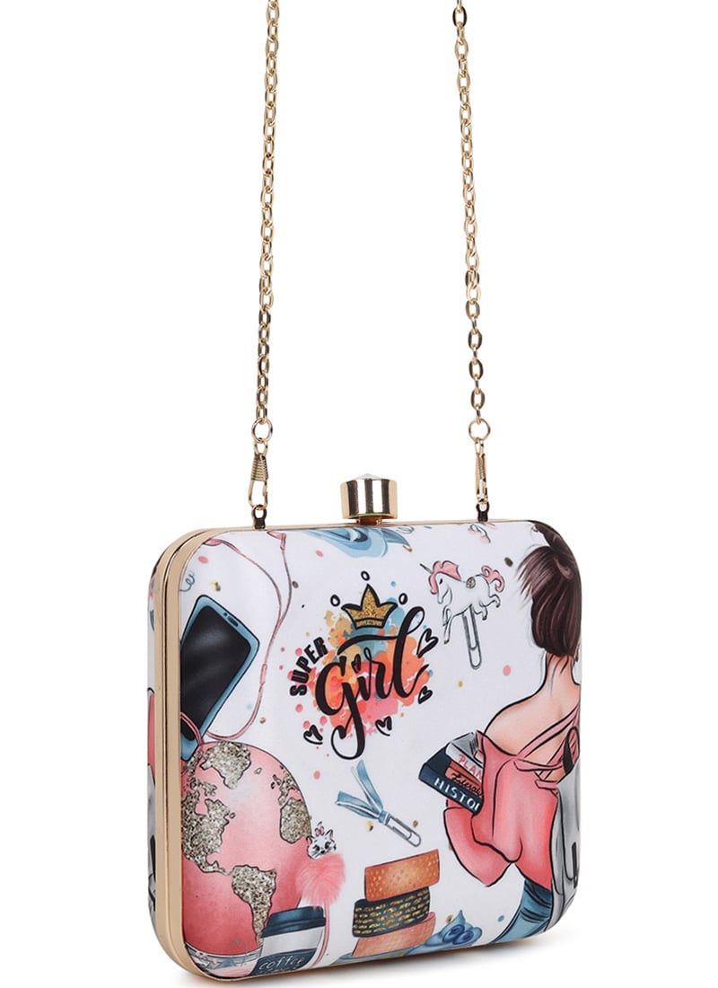 White Crepe Silk Digital Print Clutch Wedding Wear