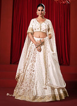 White Crepe Silk Embroidered Sequins Stones Lehenga