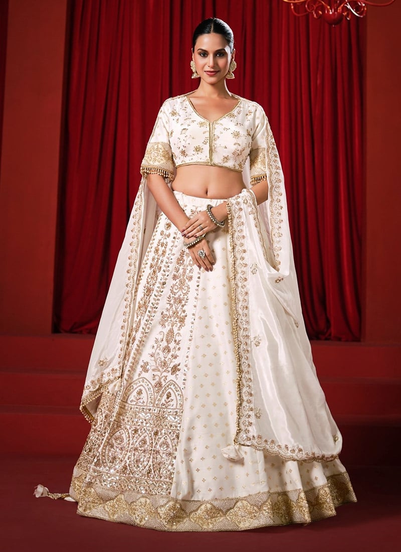 White Crepe Silk Embroidered Sequins Stones Lehenga After Six Wear