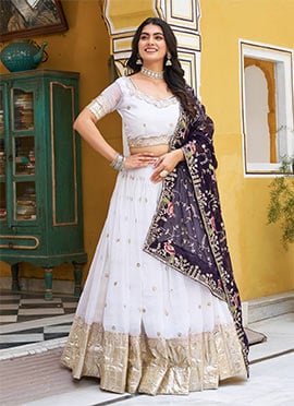 White Crunchy Silk Sequins Embroidered Umbrella Lehenga