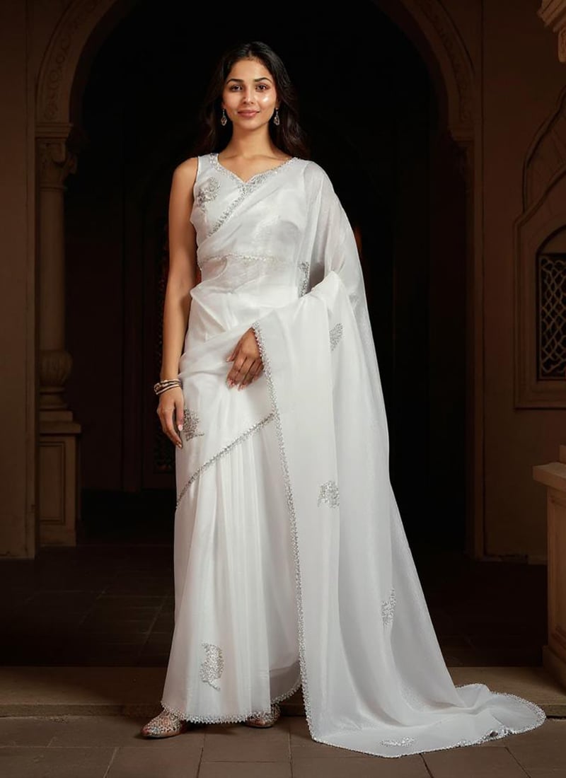 White Crush Silk Stone Work Saree